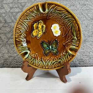 Vintage‎ Ceramic Ashtray Japan Butterfly Flower Leaf Embossed MCM Brown